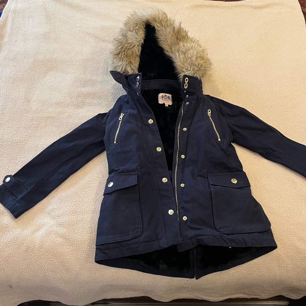 Juicy Couture Navy Blue Jacket with Faux Fur Hood, Inside Lined with Black Fur